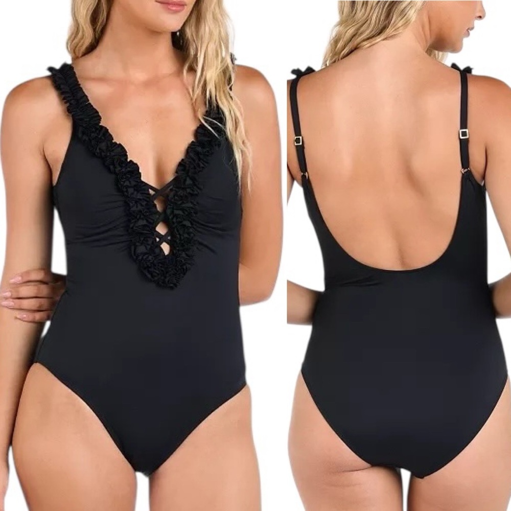 LA BLANCA Island Goddess Ruffle V-Plunge One Piece Swimsuit! Retail $149.